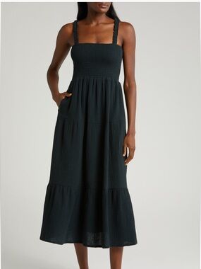 Marine Layer Selene Smocked Square-Neck Black Maxi Dress Size XL